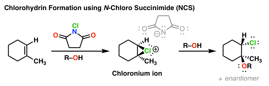 使用n氯氯乙醇形成琥珀酰亚胺nc chloronium离子r-oh给markovnkov产品的攻击